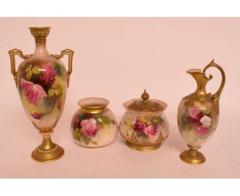 A Royal Worcester porcelain vase, painted roses, signed E Spilsbury, 22 cm high, and three other similar, with damages (4)   