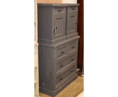 A painted pine chest of drawers and two bedside cabinets Chest W.91cm