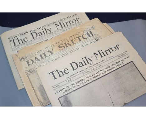A collection of early to mid-20th century newspapers, including The Daily Mirror 'Disaster to the Titanic', April 16, 1912 an
