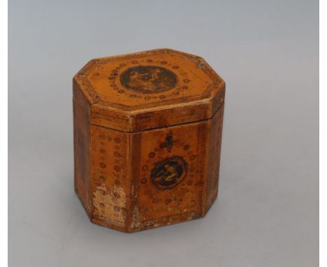 A Georgian octagonal hand painted tea caddy height 12.5cm