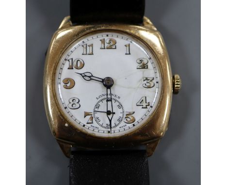 A gentleman's early 20th century 9ct gold Longines manual wind wrist watch.