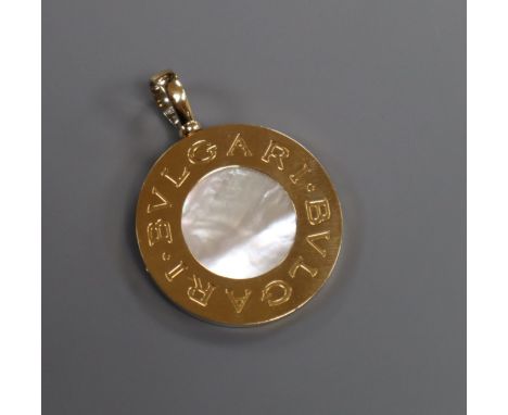 A Bulgari 18ct gold, steel and mother of pearl disc pendant (lacking necklace but in original Bulgari boxes), overall 47mm.