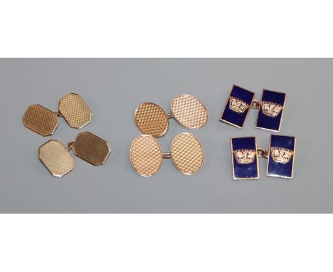 Three pairs of assorted cufflinks including two 9ct gold pairs and a pair of 9ct and blue enamel with coronet.