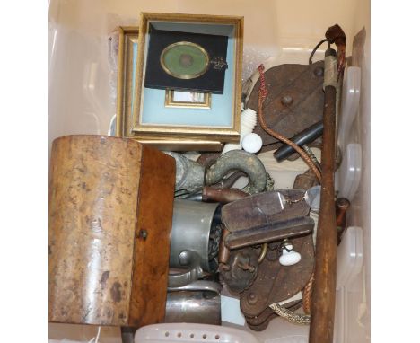Mixed collectables including corkscrews, tea caddy, bellows, etc.