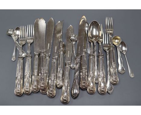 A Victorian silver christening spoon, knife and fork, London, 1890 and other flatware including six pairs of silver fish eate