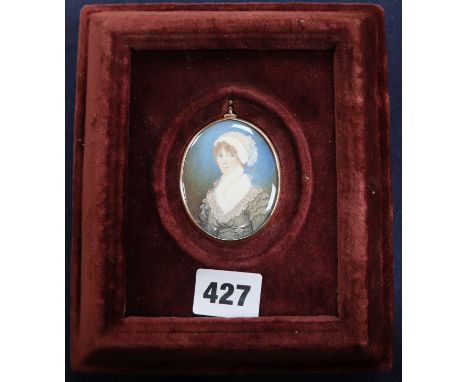 English School (19th century), miniature head and shoulder portrait of a lady wearing a lace cap, hairpiece back, 5.5 x 4.75c