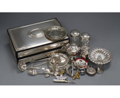 An Italian 925 mounted trinket box and a small group of silver and other items including, fob watch, mustard, toilet jars &am