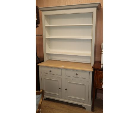 A Neptune grey painted and light oak kitchen dresser W.122cm