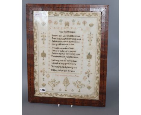 A George IV sampler, worked with 'The Youth's Request' by Mary Broadbent (1798-1877), October 4th, 1813 (faults), 33 x 43.5cm
