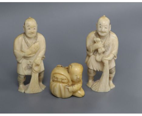 A pair of ivory okimono and a netsuke