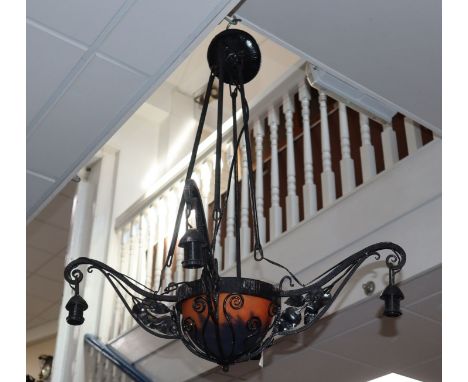 A Daum glass and cast iron four branch ceiling light, 49cm wide
