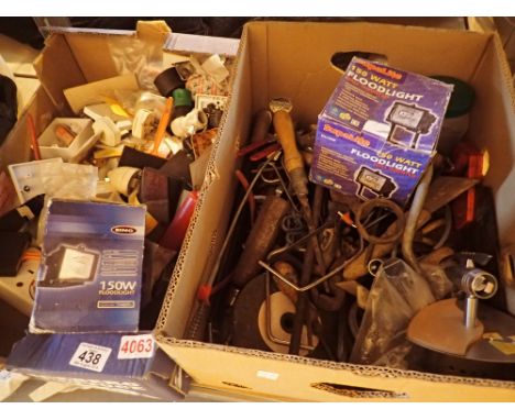 Two boxes of mixed hand tools fixtures fittings electricals etc