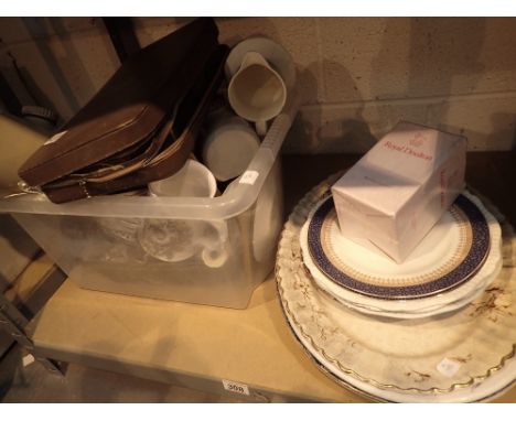 Shelf of mixed ceramics and a tomtom drum 