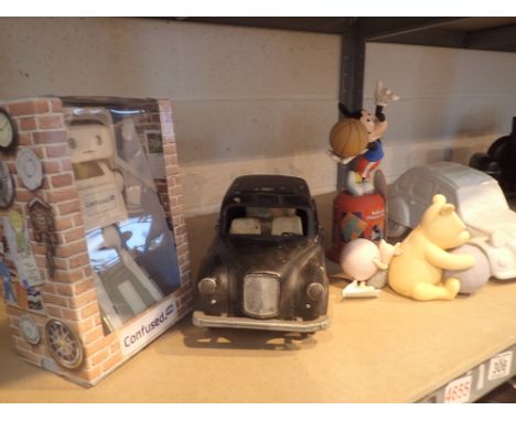 Mickey Mouse Pooh Bear money box Citreon 2CV money box and a taxi 'confused.com' robot boxed 