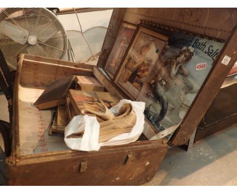 Vintage trunk with contents including books pictures advertising sign comics etc 
