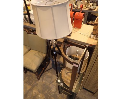 Modern tripod based standard lamp and stick stand small side table and large lamp shades    CONDITION REPORT:  The electrical