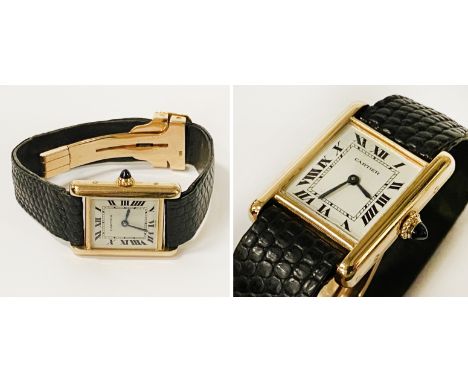 18CT GOLD LADIES CARTIER TANK WATCH WITH 18CT GOLD CLASP &amp; LEATHER STRAP