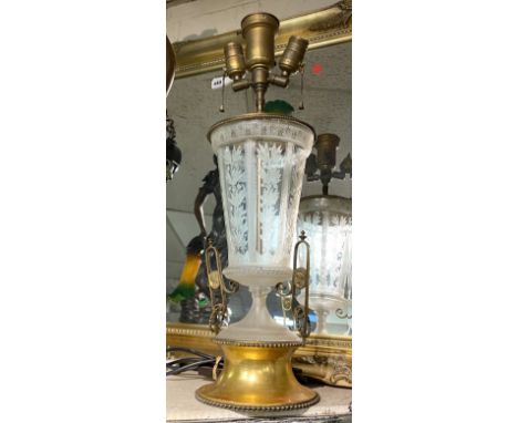 ETCHED GLASS &amp; BRASS LAMP - 59 CMS (H) APPROX