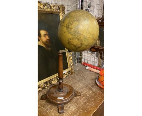 LARGE ANTIQUE GLOBE OF THE WORLD WITH OAK COLUMN STAND - 103 CMS (H) APPROX