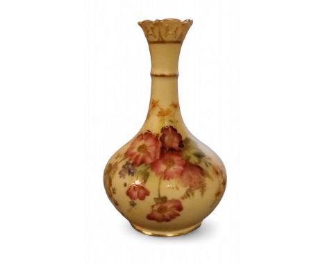 A Royal Worcester bottle vase, printed and painted with summer flowers, on a blush ivory ground, printed crown and circle mar
