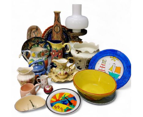 Decorative Ceramics - a Moorcroft style jug;&nbsp; &nbsp; Art Pottery plates;&nbsp; oil lamp;&nbsp; Hammersley Jug am=nd dish