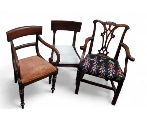 A George III Chippendale elbow chair, pierced vasular splat, scroll arms, tapestry seat, H stretcher, c.1830;&nbsp; a 19th ce