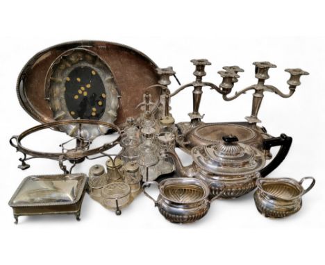 Plated Ware - an EP on copper gallery tray;&nbsp; a three piece boat shaped tea service;&nbsp; &nbsp;cruet stands;&nbsp; entr