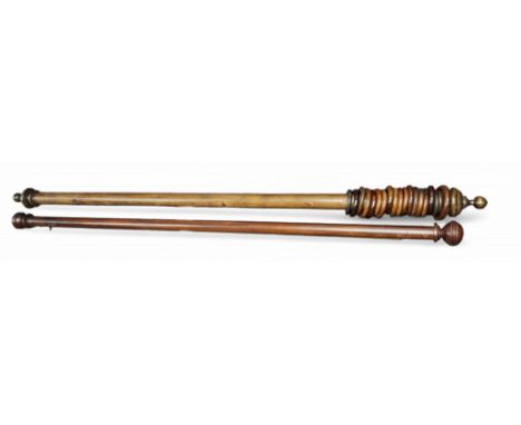 A Victorian country house mahogany curtain pole, with eighteen rings, 271cm long, c.1860;&nbsp; another (2)