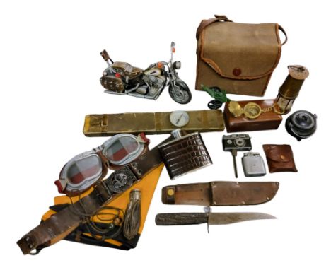 A Joseph Rodgers and Sons horn hafter knife, 12cm blade, leather sheath;&nbsp; &nbsp; a miniature miner's lamp;&nbsp; &nbsp;a