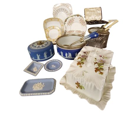 A Wedgwood blue Jasperware salad bowl and servers, typically sprigged in white with classical figures, 24cm diam, impressed m