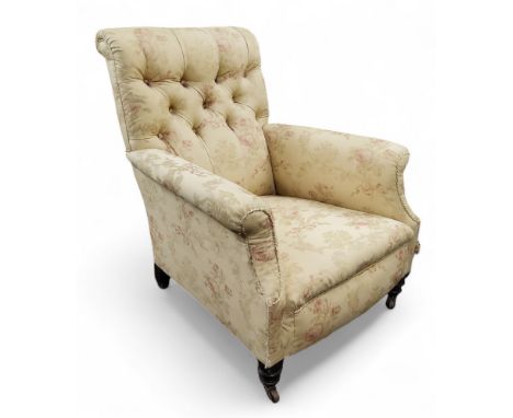 A Victorian side chair, upholstered button back and seat, turned legs, c.1870