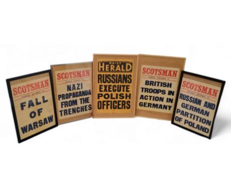 Militaria - five original WWII newspaper headline posters including 'nazi propaganda from the trenches', 'fall of Warsaw', Br