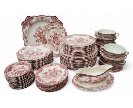 A Crown Ducal Bristol pattern dinner service, printed in underglazed pink, comprising serving plates, seven soup bowls and st