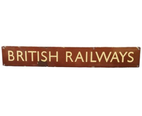 Railwayana - a British Railways enamel header sign with cream text on a brown ground, 10cm x 68.5cm