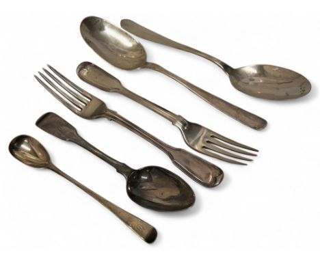 A George III silver teaspoon, fiddleback pattern, monogrammed, William Bateman, London, 1818; a George III silver condiment s