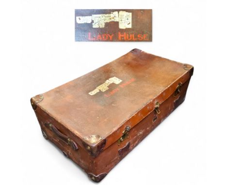 Vintage Luggage - a substantial early 20th century leather mounted Pukka Luggage trunk marked 'Lady Hulse', various G.W.R. ra