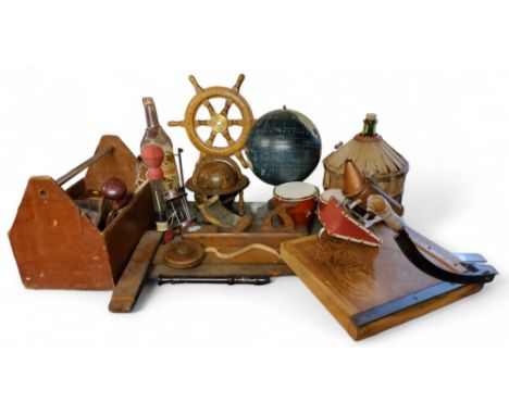 Boxes and Objects - a decorative ships wheel;&nbsp; &nbsp;globe;&nbsp; T squares, tools, etc