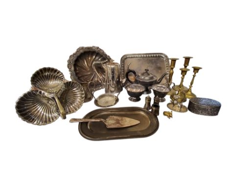 Plated Ware - an E.P.N.S. shaped circular dish;  a three piece tea service;  hors oeuvre dish;  brass candlesticks;  etc