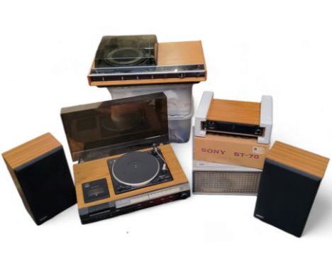 Vinyl - a Garrard belt drive turntable housed in a Hitachi SDT-782OR model system; a pair of Hitachi SS-A105E speakers, boxed