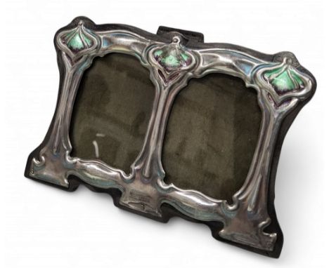 An Art Nouveau style silver and enamel double easel photograph frame, embossed with sinuous scrolls, 8cm high, 10.5cm