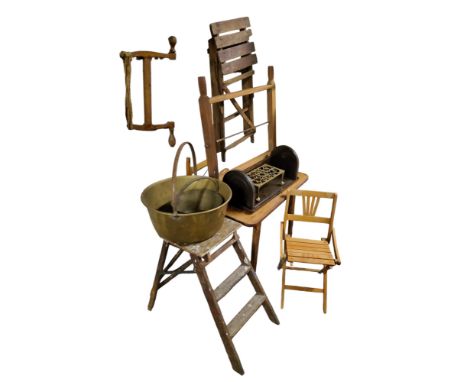 A 20th century rounded rectangular inlaid coffee table, 70cm wide;&nbsp; a child's folding chair;&nbsp; folding step ladders;
