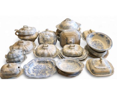 Victorian Staffordshire blue and white Asiatic Pheasant two handled tureen, cover and ladle;&nbsp; others, various, mainly la