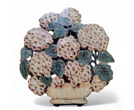 Folk Art - a 19th century English toleware fireguard, pierced, painted and pressed metal as a bouquet of hydrangeas, 50cm x 4