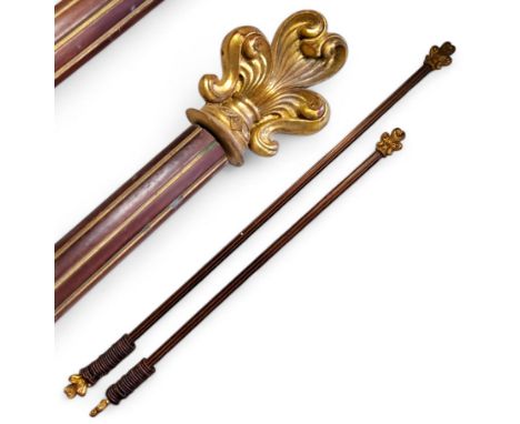 Interior Design - a near pair of contemporary carved softwood and parcel gilt curtain poles, terminating with fleur-de-lys ty