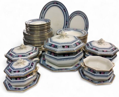 A Keeling &amp; Co Losol Ware Ormonde dinner service, comprising octagonal tureens, covers and stands, serving plates, dinner