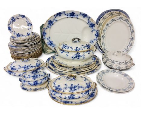 A Victorian flow blue Furnivals Carnation pattern part dinner service, comprising six graduated meat plates, four tureens, sa