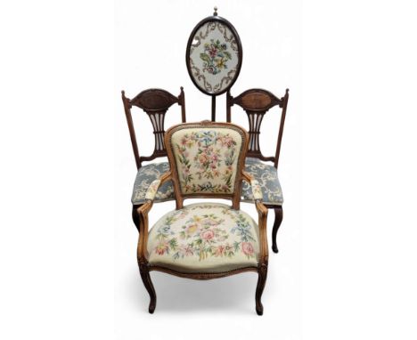 A French fauteuil bedroom chair, studded tapestry upholstery, cabriole legs, French pad foot, seat height 42cm;&nbsp; a&nbsp;