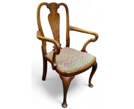 A George II Revival mahogany 'shepherd's crook' elbow chair, vasular splat, drop-in tapestry&nbsp; seat, cabriole legs, pad f