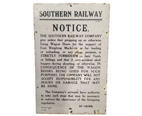 Railwayana - an original The Southern Railway Company enamel notice sign marked Waterloo station, dated 1925, 46cm x 30cm