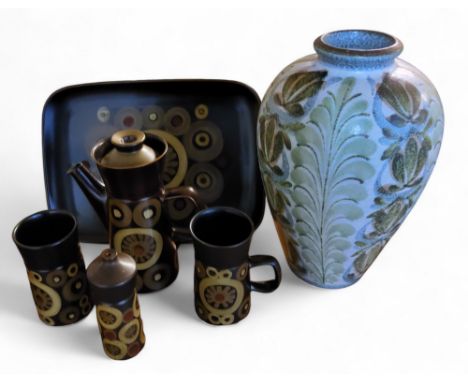 A Denby ovoid vase, designed by Glynn College, 36cm high, printed mark; Denby Arabesque coffee pot, two tall mugs, salt pot a